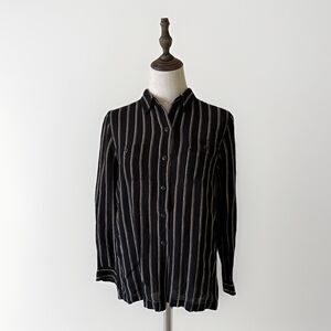 Lauren Ralph Lauren Petite P/L Silk Linen Blouse Black‎ Beige Stripe Button Down